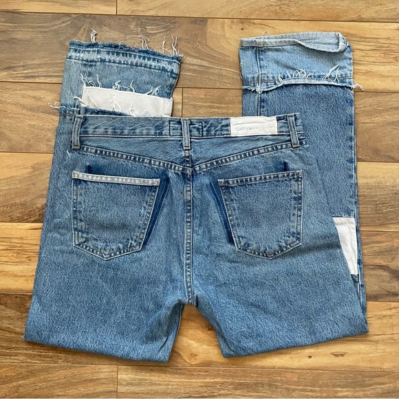 CURRENT/ELLIOTT CROPPED STRAIGHT LEG DISTRESSED PATCHES BLUE JEANS - Picture 5 of 8